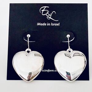 NWT E&L Made in Israel sterling silver electroform Dangle Puffy Heart earrings